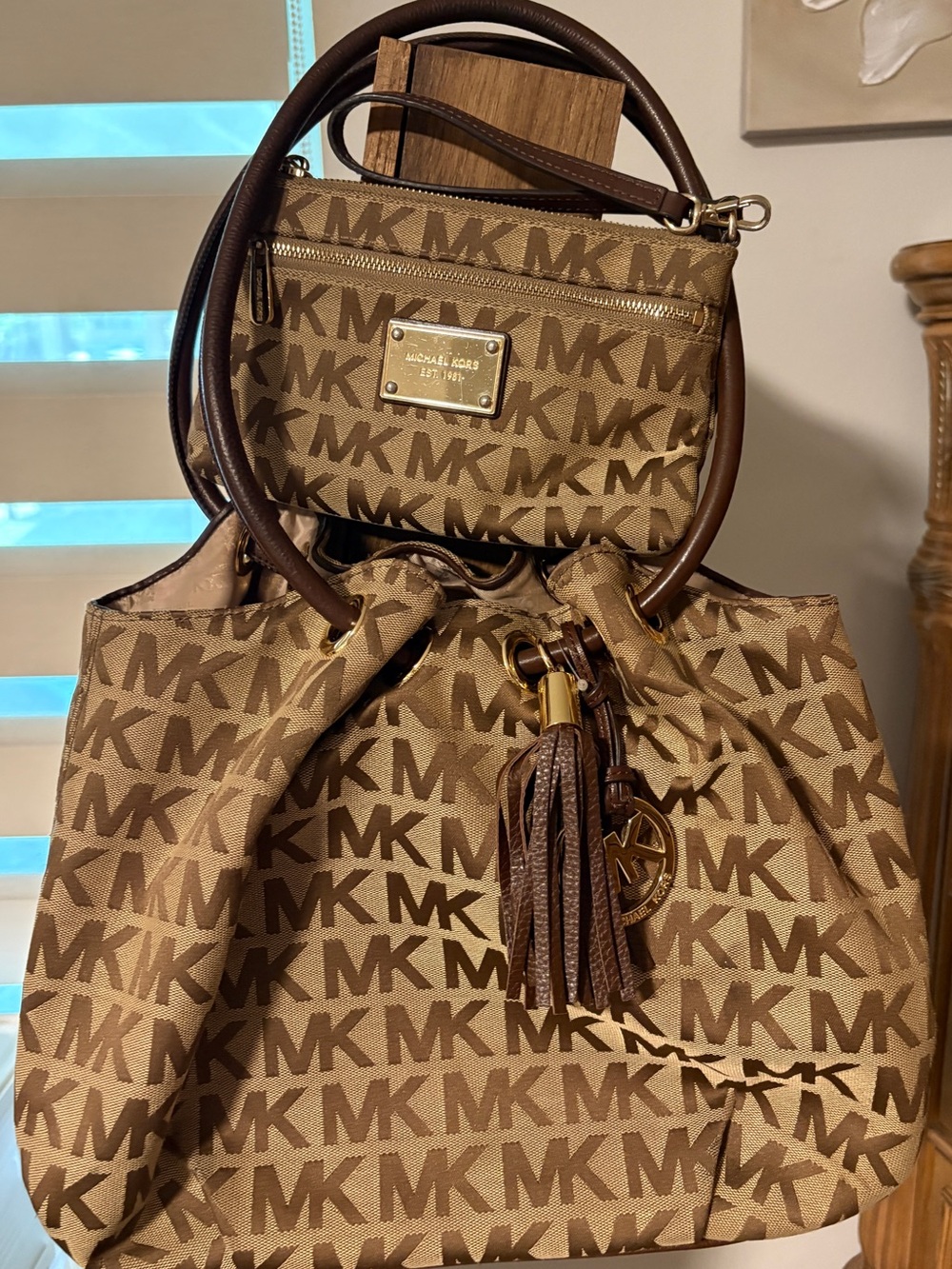 Michael Kors Beige Brown Jacquard Drawstring Hobo Shoulder Bag and Wallet